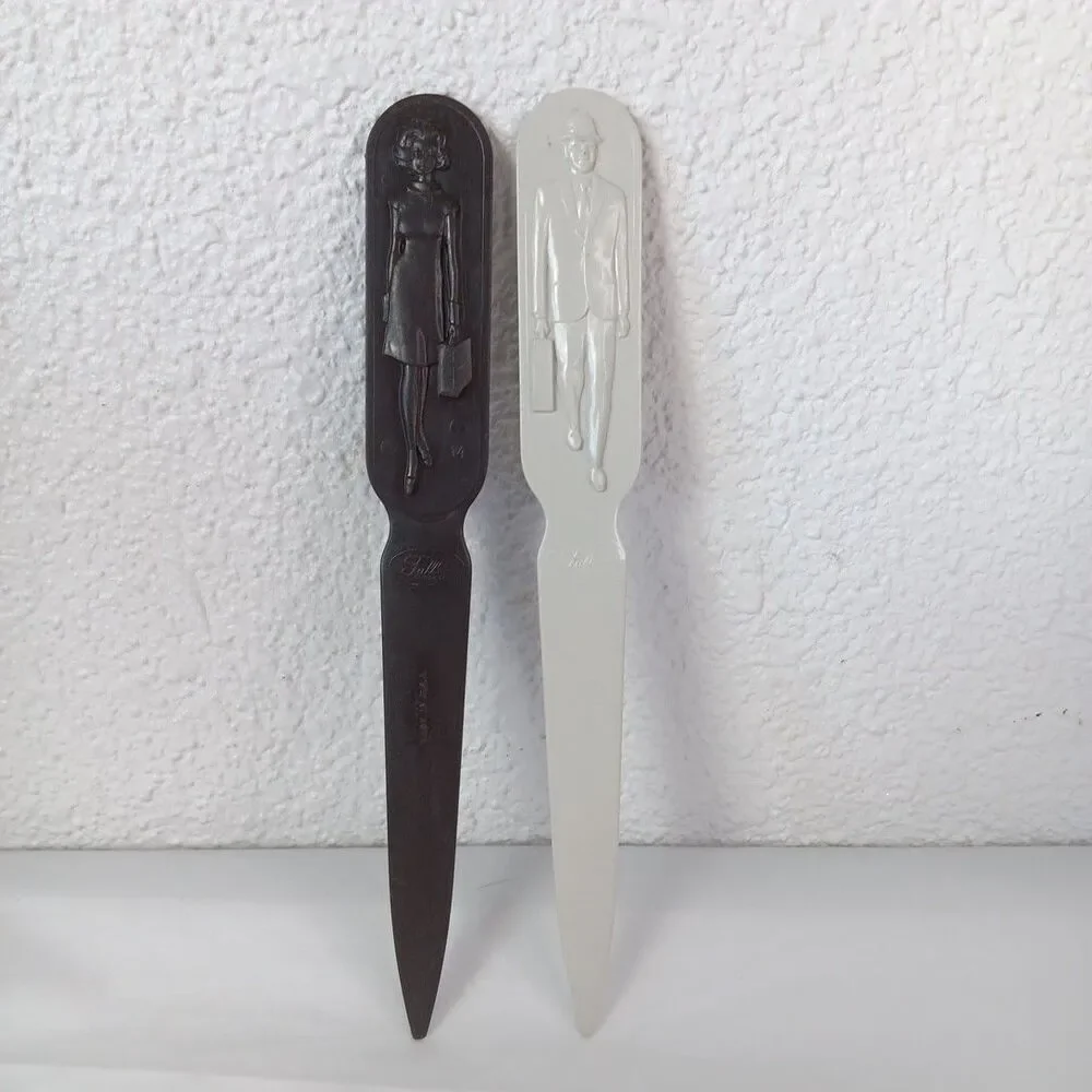 VTG Fuller Brush Company Cream Plastic Letter Opener w/ Sales Man & Sales Woman